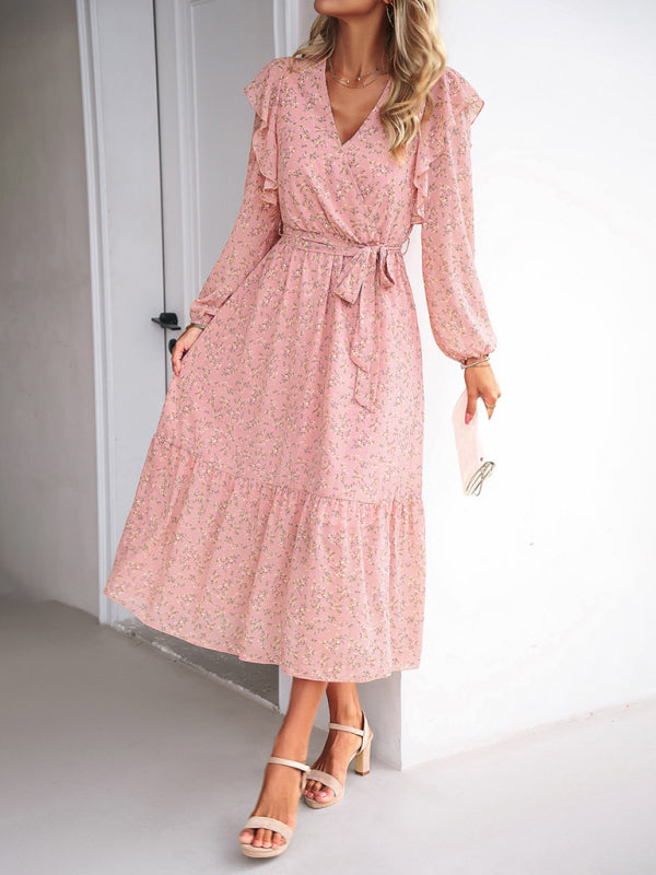 Floral V-neck Midi Dress with Ruffle Shoulders and Wrap Style Midi Dresses MyDresses 