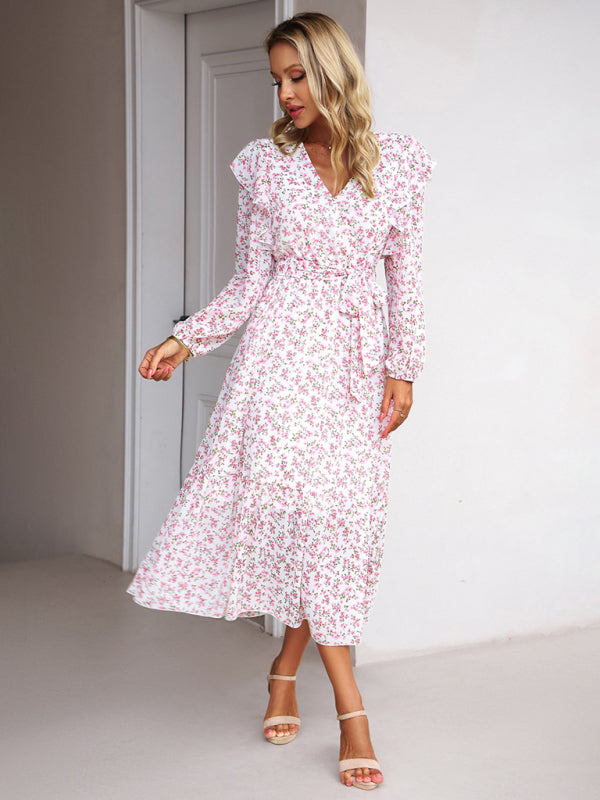 Floral V-neck Midi Dress with Ruffle Shoulders and Wrap Style Midi Dresses MyDresses 