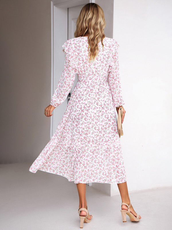 Floral V-neck Midi Dress with Ruffle Shoulders and Wrap Style Midi Dresses MyDresses 