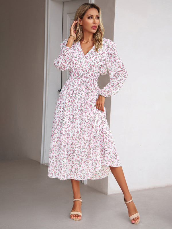 Floral V-neck Midi Dress with Ruffle Shoulders and Wrap Style Midi Dresses MyDresses 