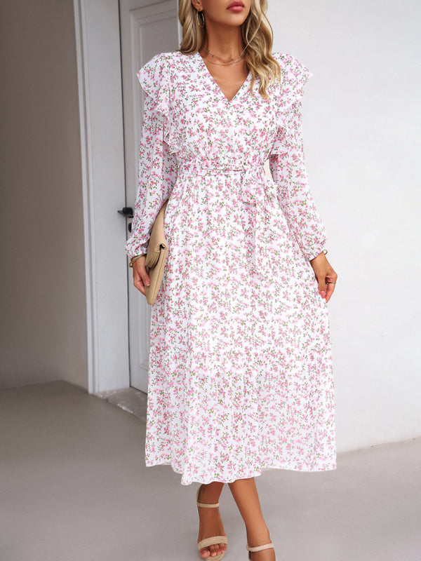 Floral V-neck Midi Dress with Ruffle Shoulders and Wrap Style Midi Dresses MyDresses White 8 | S 