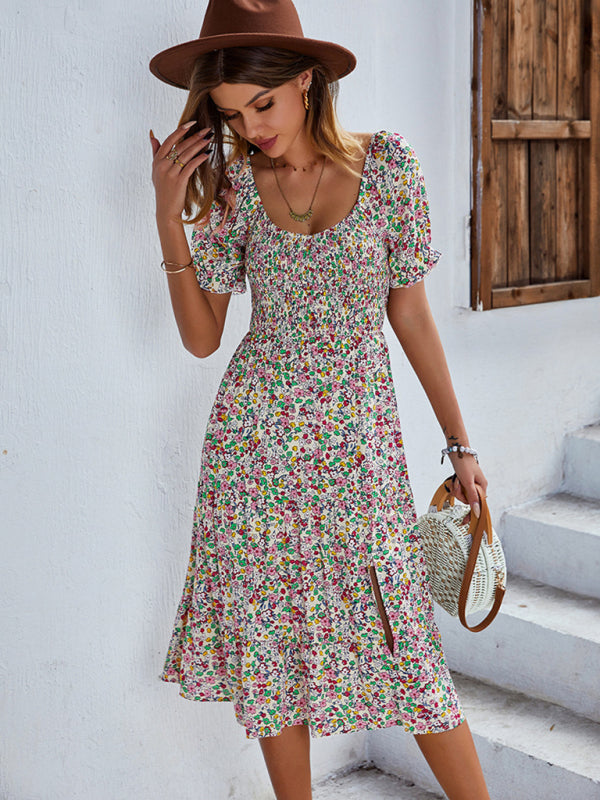 Boho Floral Print Midi Dress with Smocked Bodice and Puff Sleeves Midi Dresses MyDresses 