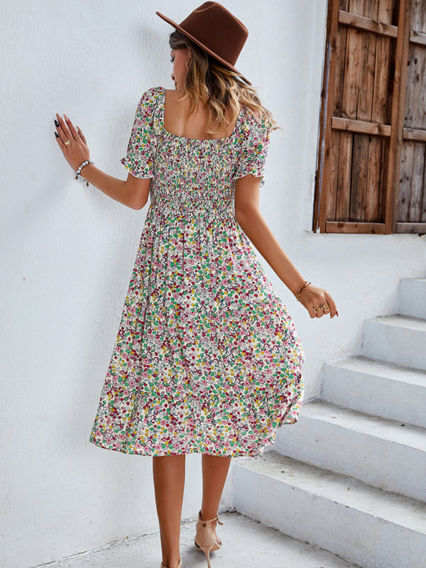 Boho Floral Print Midi Dress with Smocked Bodice and Puff Sleeves Midi Dresses MyDresses 