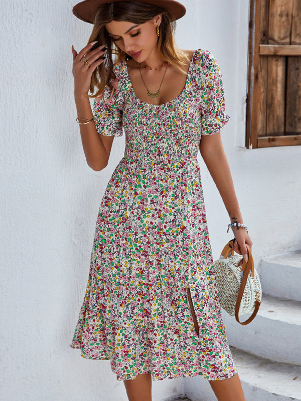 Boho Floral Print Midi Dress with Smocked Bodice and Puff Sleeves Midi Dresses MyDresses Khaki 8 | S 