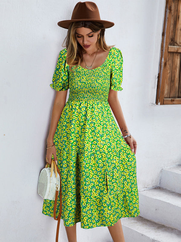 Boho Floral Print Midi Dress with Smocked Bodice and Puff Sleeves Midi Dresses MyDresses Green Yellow 8 | S 