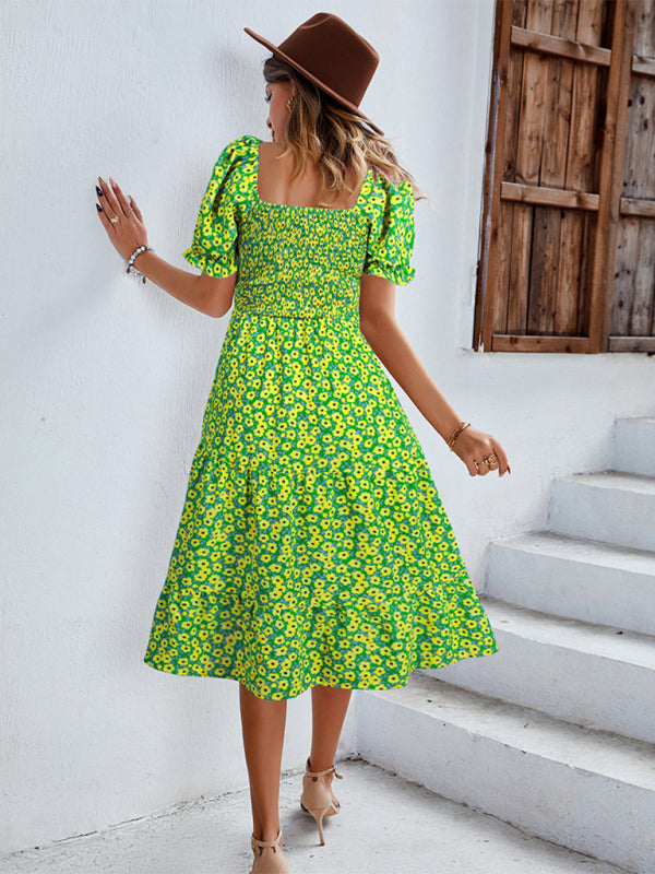 Boho Floral Print Midi Dress with Smocked Bodice and Puff Sleeves Midi Dresses MyDresses 
