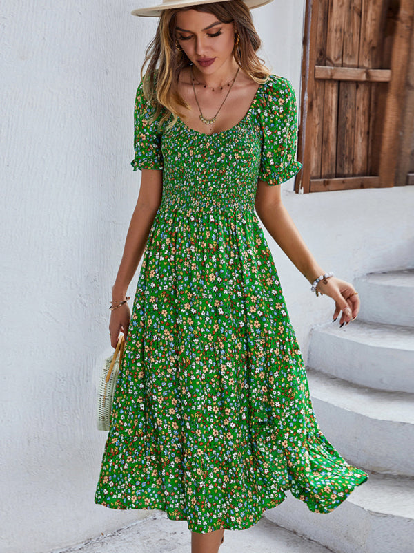 Boho Floral Print Midi Dress with Smocked Bodice and Puff Sleeves Midi Dresses MyDresses Green 8 | S 