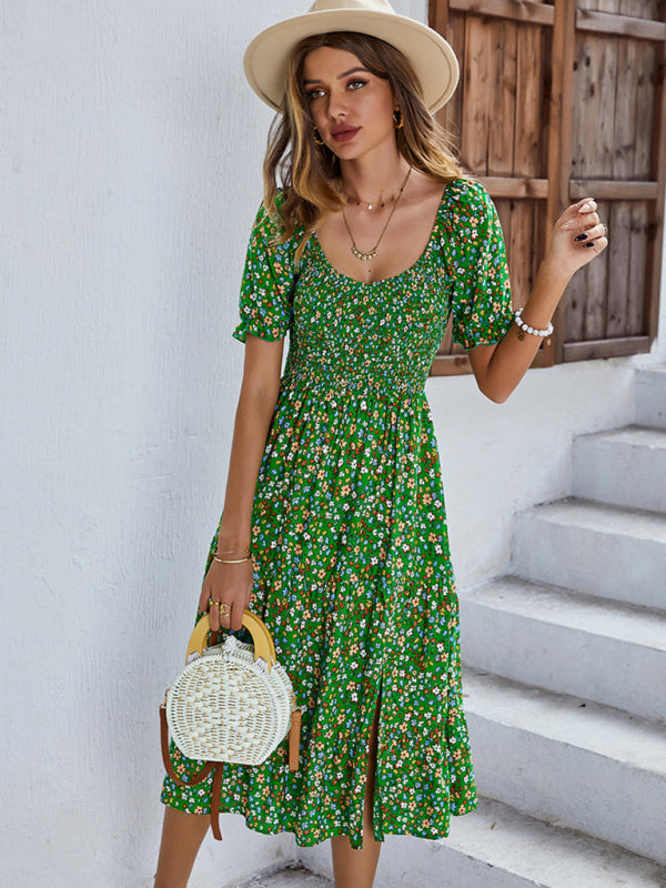 Boho Floral Print Midi Dress with Smocked Bodice and Puff Sleeves Midi Dresses MyDresses 