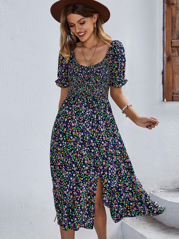 Boho Floral Print Midi Dress with Smocked Bodice and Puff Sleeves Midi Dresses MyDresses Blue 8 | S 