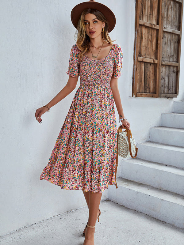 Boho Floral Print Midi Dress with Smocked Bodice and Puff Sleeves Midi Dresses MyDresses 