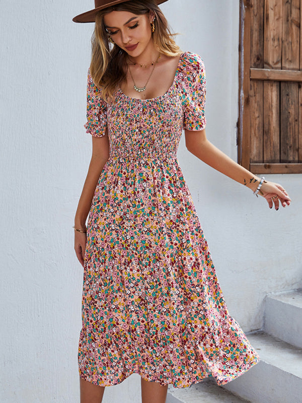 Boho Floral Print Midi Dress with Smocked Bodice and Puff Sleeves Midi Dresses MyDresses Pink 8 | S 