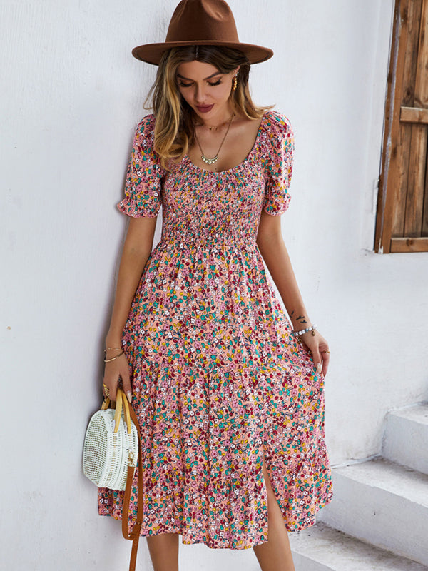 Boho Floral Print Midi Dress with Smocked Bodice and Puff Sleeves Midi Dresses MyDresses 