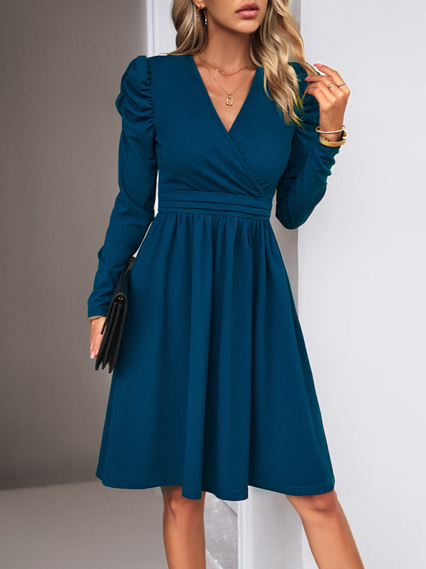 V-neck A-line Dress with Puff Sleeves and Wrap Bodice Group2 MyDresses