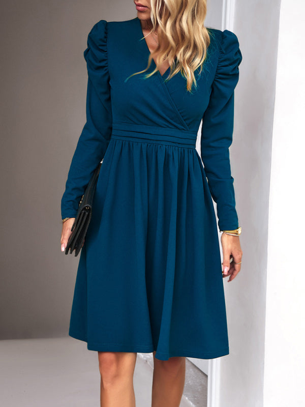 V-neck A-line Dress with Puff Sleeves and Wrap Bodice Group2 MyDresses