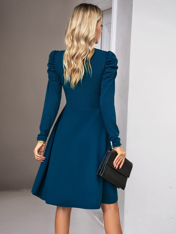 V-neck A-line Dress with Puff Sleeves and Wrap Bodice Group2 MyDresses