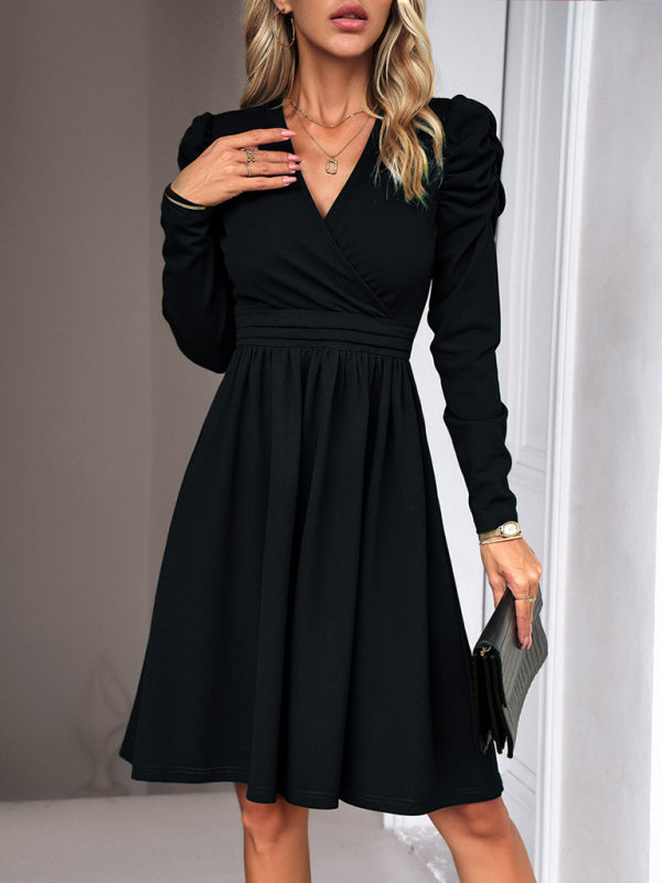 V-neck A-line Dress with Puff Sleeves and Wrap Bodice Group2 MyDresses Black 8 | S