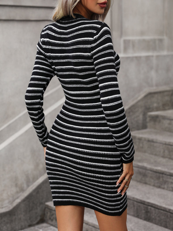 Ribbed Knit Women's Sweater Dress with Striped Pattern Mini Dresses MyDresses 