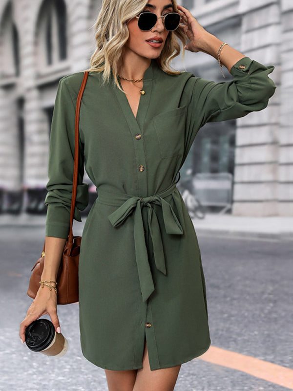 Button-Down Mini Dress with Waist Tie and V-Neck Mini Dresses MyDresses Green 8 | S 