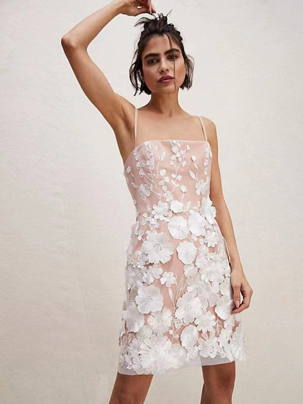 Three-Dimensional Floral Embroidery Mini Dress with Spaghetti Straps Group1 MyDresses 