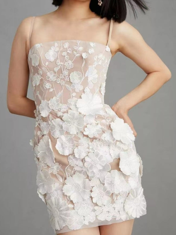 Three-Dimensional Floral Embroidery Mini Dress with Spaghetti Straps Group1 MyDresses White 8 | S 