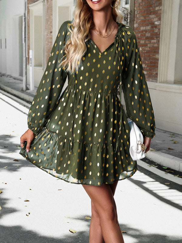Polka Dot Chiffon V-Neck Dress with Tiered Skirt Mini Dresses MyDresses Green 8 | S 