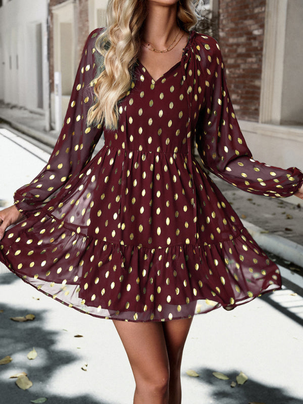 Polka Dot Chiffon V-Neck Dress with Tiered Skirt Mini Dresses MyDresses 