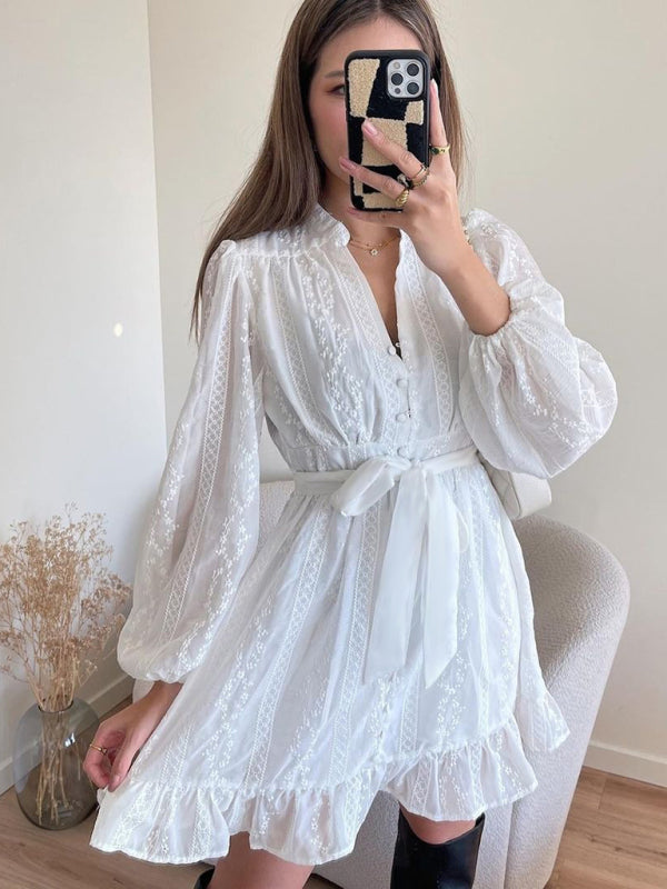 Lace Mini Dress with V-Neck and Ruffle Hem Mini Dresses MyDresses 