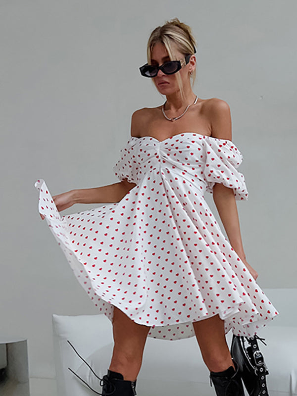 Heart Print Off-Shoulder Mini Dress with Puff Sleeves Group7 MyDresses