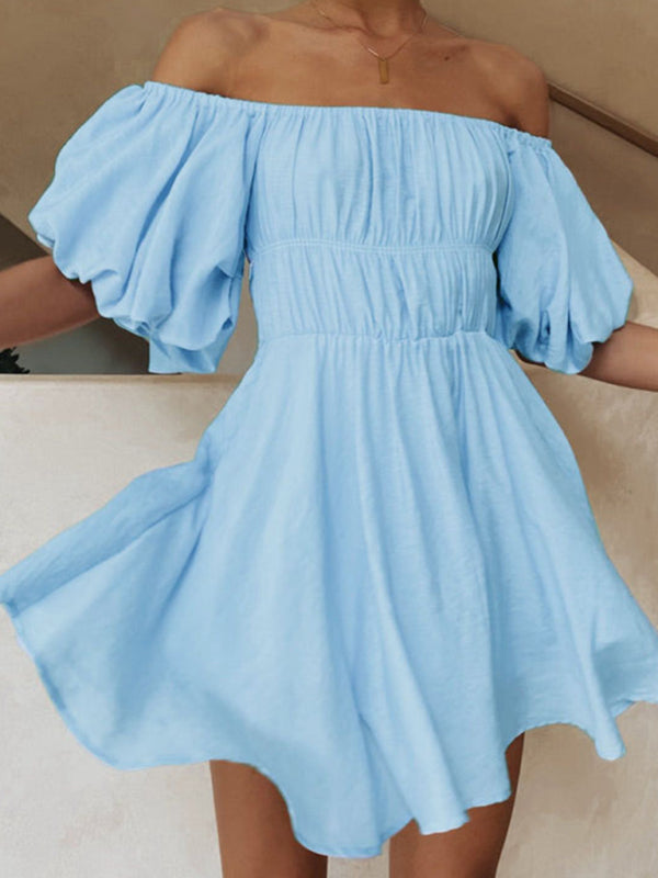 Off-Shoulder Short Dress with Puffed Sleeves and Elastic Waist Mini Dresses MyDresses 