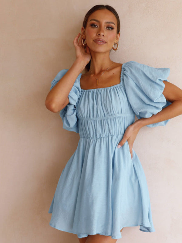 Off-Shoulder Short Dress with Puffed Sleeves and Elastic Waist Mini Dresses MyDresses 