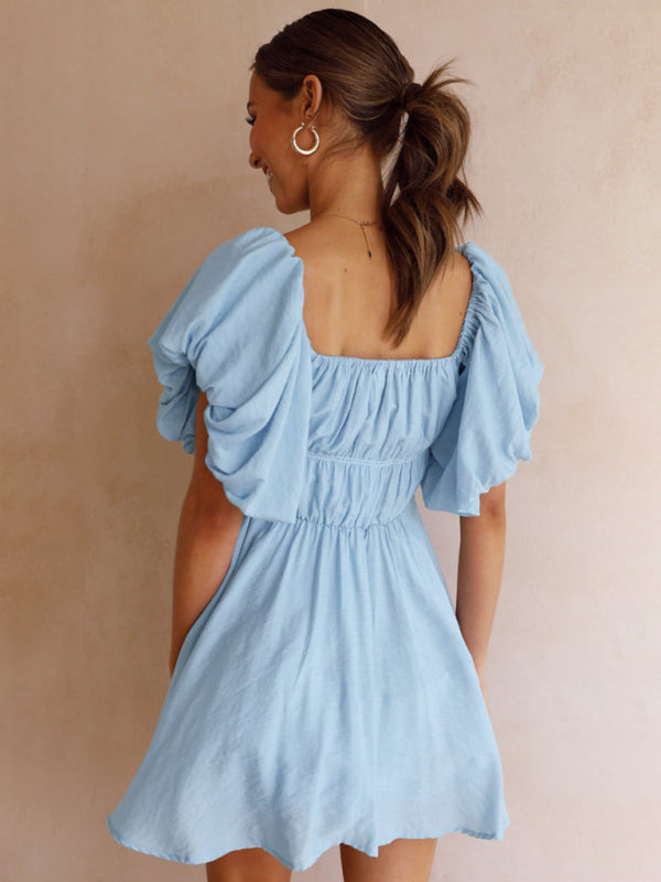 Off-Shoulder Short Dress with Puffed Sleeves and Elastic Waist Mini Dresses MyDresses 