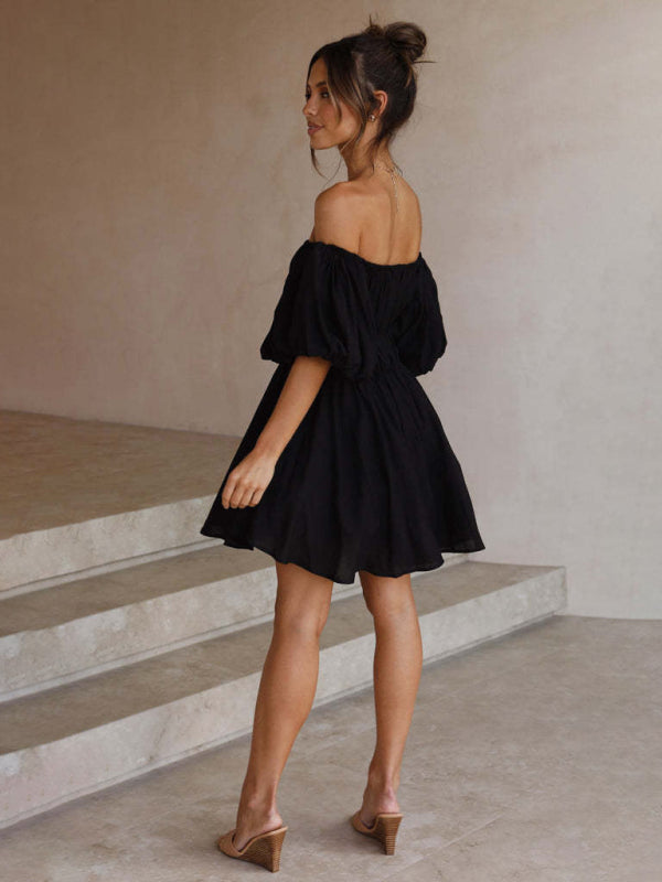 Off-Shoulder Short Dress with Puffed Sleeves and Elastic Waist Mini Dresses MyDresses 