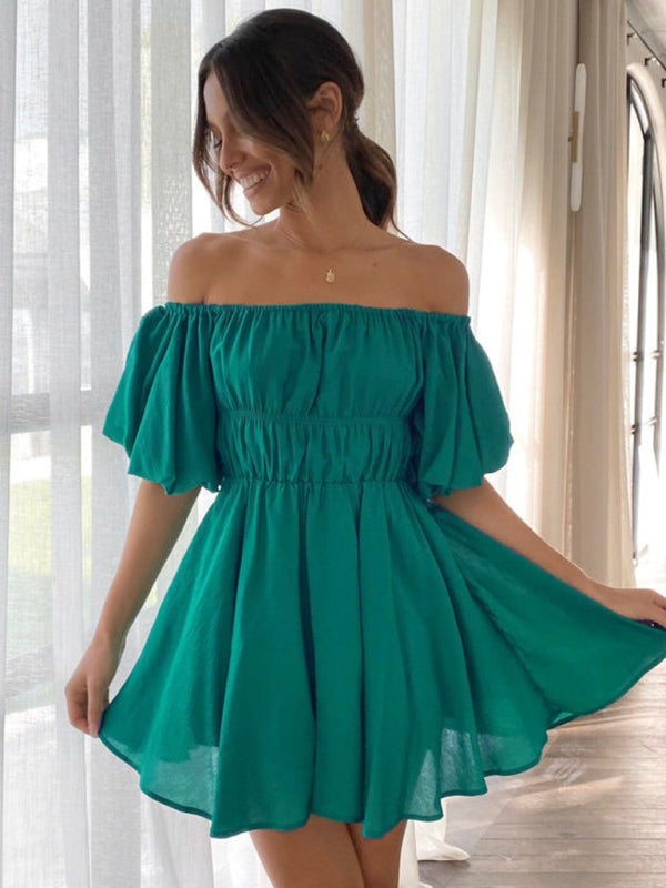 Off-Shoulder Short Dress with Puffed Sleeves and Elastic Waist Mini Dresses MyDresses Light Green 8 | S 
