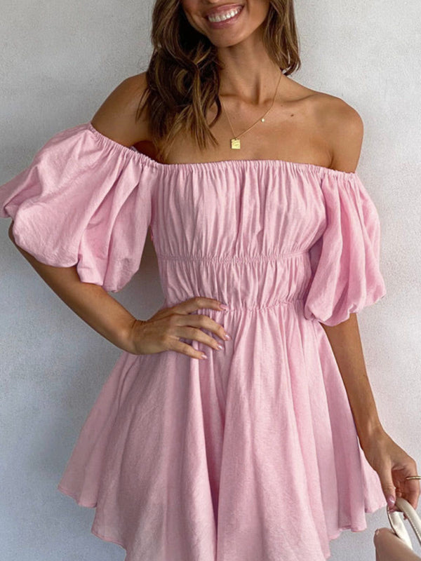 Off-Shoulder Short Dress with Puffed Sleeves and Elastic Waist Mini Dresses MyDresses Pink 8 | S 
