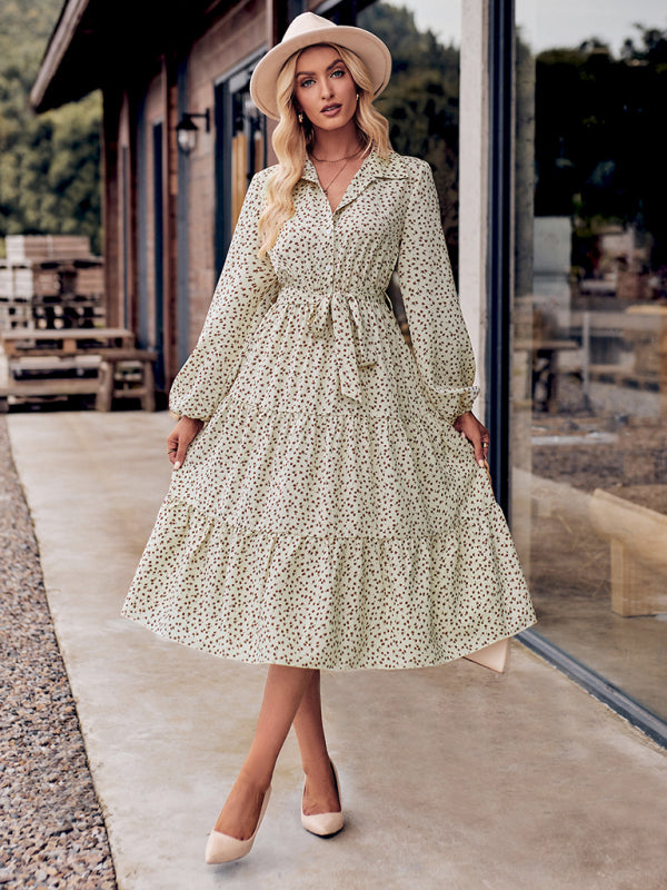 Floral Print Shirt Dress with Tie-Waist and Tiered Skirt Maxi Dresses MyDresses