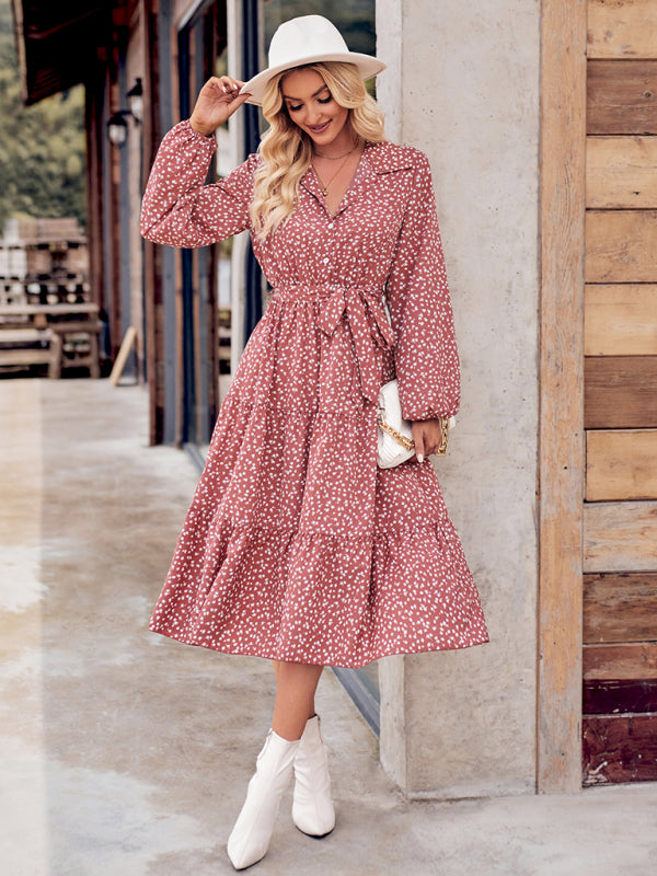 Floral Print Shirt Dress with Tie-Waist and Tiered Skirt Maxi Dresses MyDresses