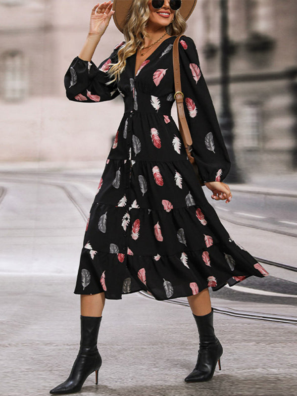 Feather Print Midi Dress with Long Sleeves and Button-Down Design Midi Dresses MyDresses 