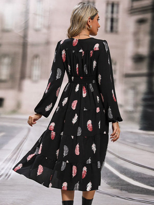 Feather Print Midi Dress with Long Sleeves and Button-Down Design Midi Dresses MyDresses 