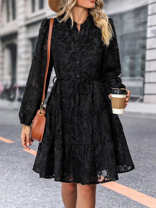Three-Dimensional Jacquard Dress with Button-Down Front and Tie Waist Mini Dresses MyDresses Black 8 | S 