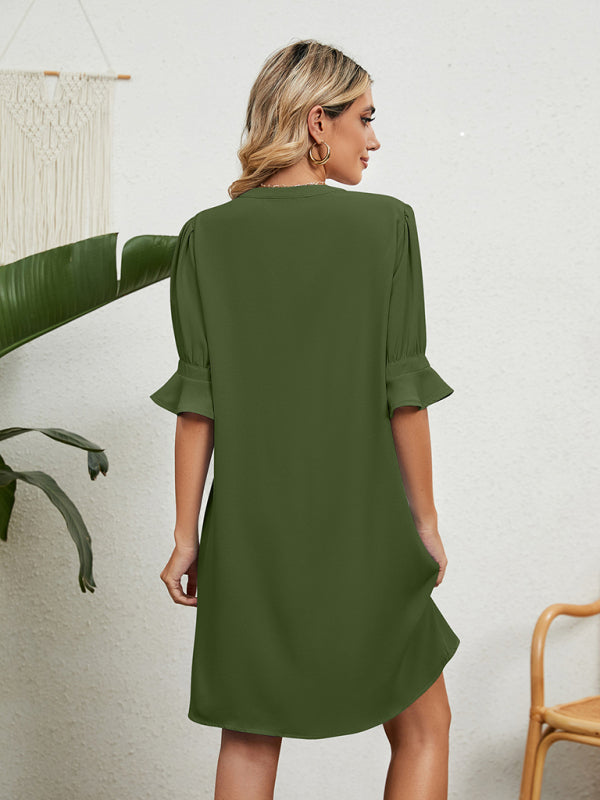 V-Neck Knee-Length Dress with Ruffled Sleeves and Loose Fit Mini Dresses MyDresses 