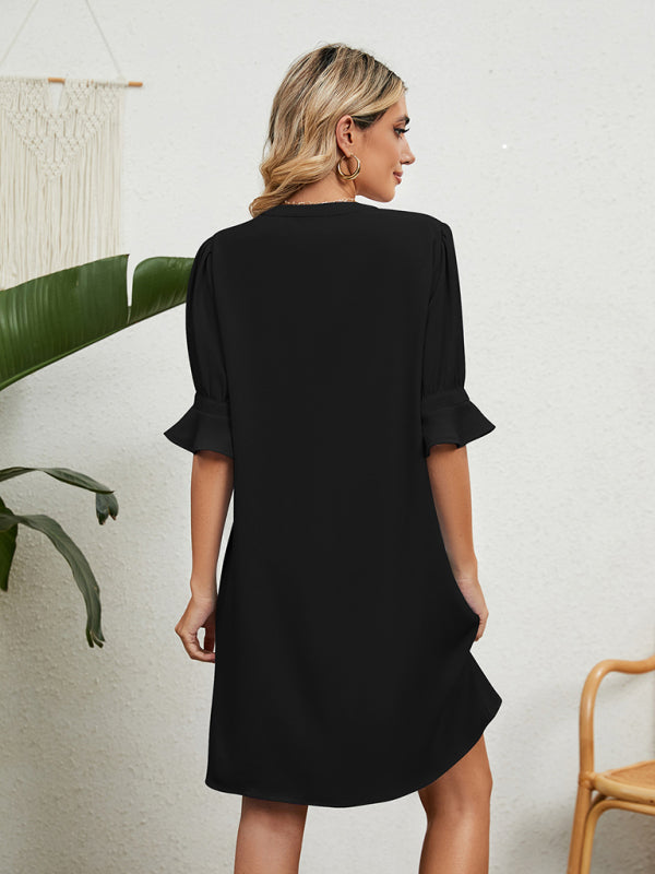 V-Neck Knee-Length Dress with Ruffled Sleeves and Loose Fit Mini Dresses MyDresses 