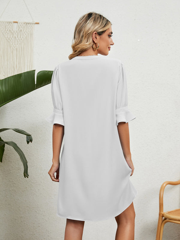 V-Neck Knee-Length Dress with Ruffled Sleeves and Loose Fit Mini Dresses MyDresses 