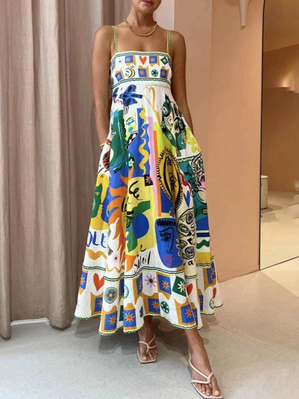 Graffiti Print Long Dress with Square Neck and Spaghetti Straps Group12 MyDresses White 8 | S