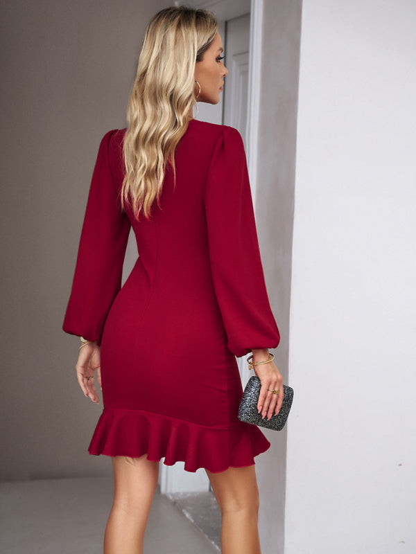 Puff Sleeve Mini Dress with Ruffle Trim and Ruched Design Mini Dresses MyDresses 