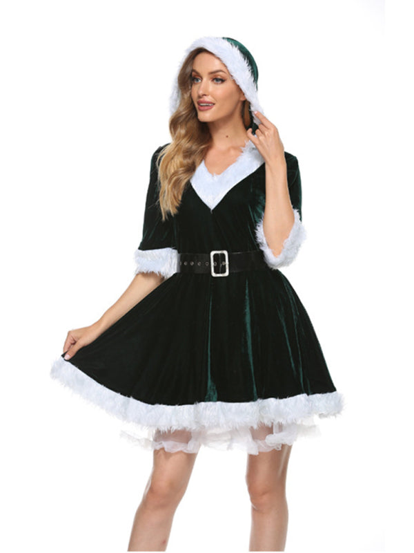 Plush Hooded Mini Dress with Faux Fur Trim and Belt Group2 MyDresses Green 8 | S