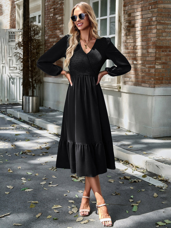 V-neck Midi Dress with Smocked Bodice and Tiered Hem Group4 MyDresses