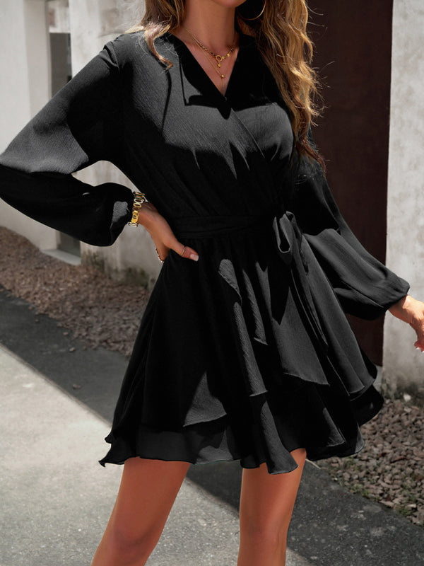 V-neck Wrap Dress with Tiered Skirt and Long Sleeves Mini Dresses MyDresses Black 8 | S 