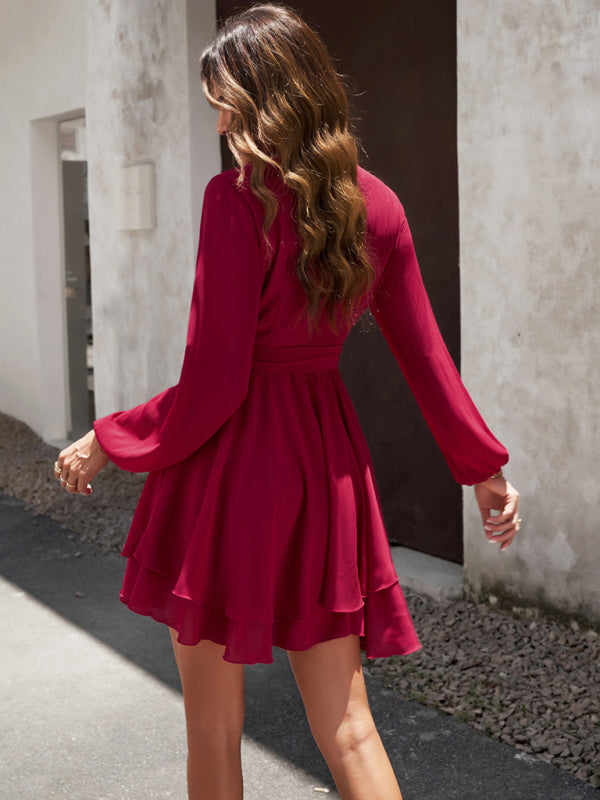 V-neck Wrap Dress with Tiered Skirt and Long Sleeves Mini Dresses MyDresses 