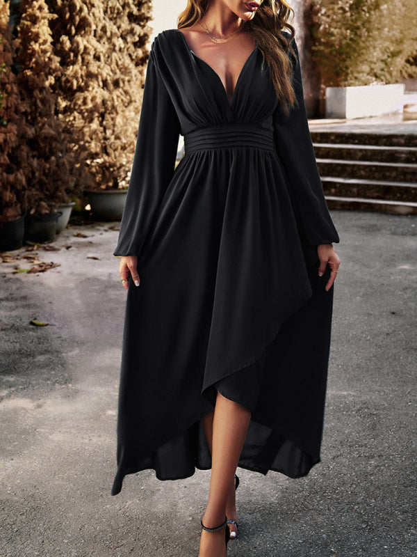 V-neck Long Sleeve Dress with Asymmetrical Hemline and Big Swing Maxi Dresses MyDresses