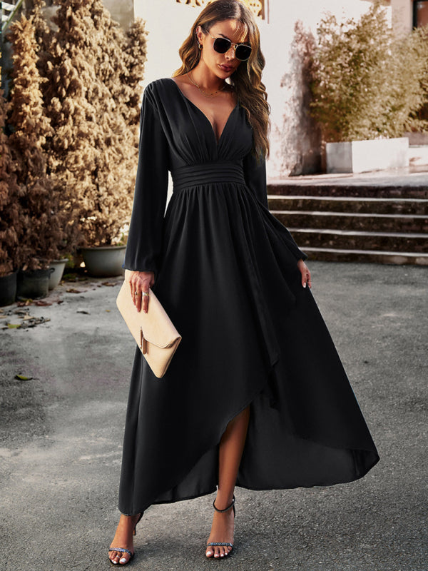 V-neck Long Sleeve Dress with Asymmetrical Hemline and Big Swing Maxi Dresses MyDresses